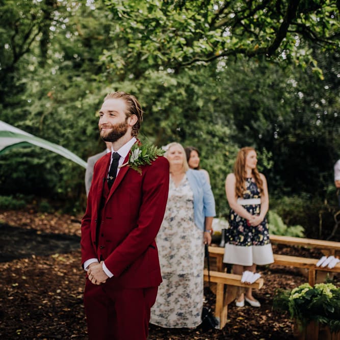 Outdoor Wedding Ceremony | Groom in Bespoke Burgundy Suit | Stylish Woodland Wedding in Cheshire | Clara Cooper Photography | Story Board Weddings Films