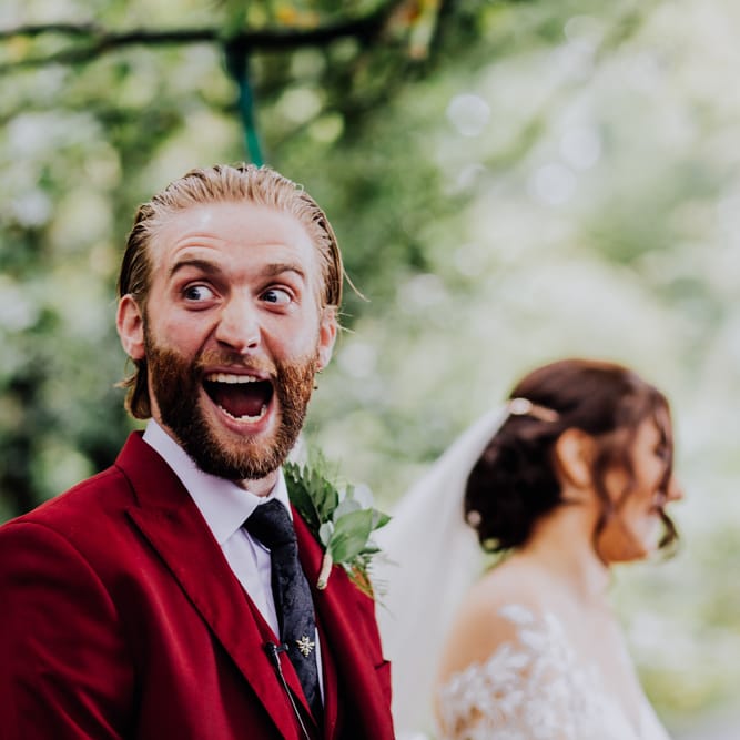 Groom in Bespoke Burgundy Suit | Stylish Woodland Wedding in Cheshire | Clara Cooper Photography | Story Board Weddings Films