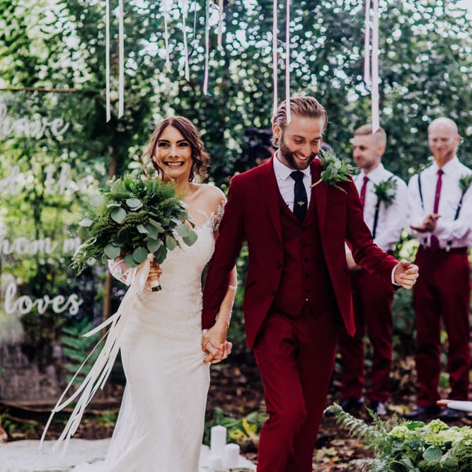 Outdoor Wedding Ceremony | Bride in Rosa Clara Naim Bridal Gown | Groom in Bespoke Burgundy Suit | Stylish Woodland Wedding in Cheshire | Clara Cooper Photography | Story Board Weddings Films