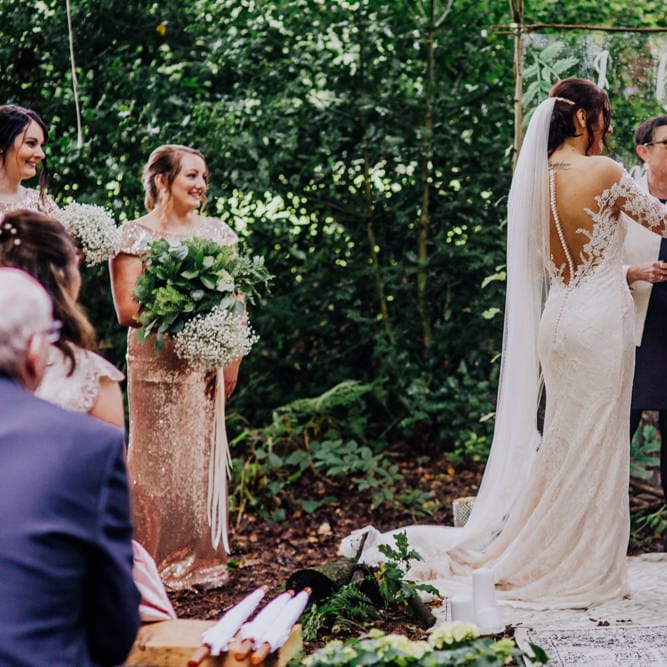 Outdoor Wedding Ceremony | Bride in Rosa Clara Naim Bridal Gown | Groom in Bespoke Burgundy Suit | Stylish Woodland Wedding in Cheshire | Clara Cooper Photography | Story Board Weddings Films