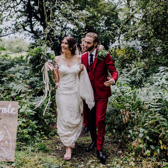 Outdoor Wedding Ceremony | Bride in Rosa Clara Naim Bridal Gown | Groom in Bespoke Burgundy Suit | Stylish Woodland Wedding in Cheshire | Clara Cooper Photography | Story Board Weddings Films