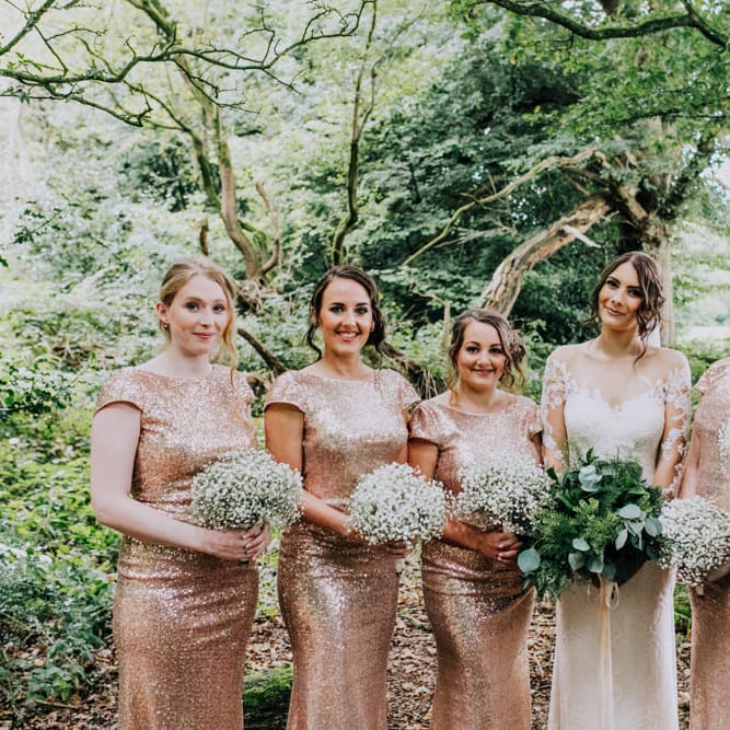 Bridesmaids in Gold Sequin Gowns | Bride in Rosa Clara Naim Bridal Gown | Stylish Woodland Wedding in Cheshire | Clara Cooper Photography | Story Board Weddings Films