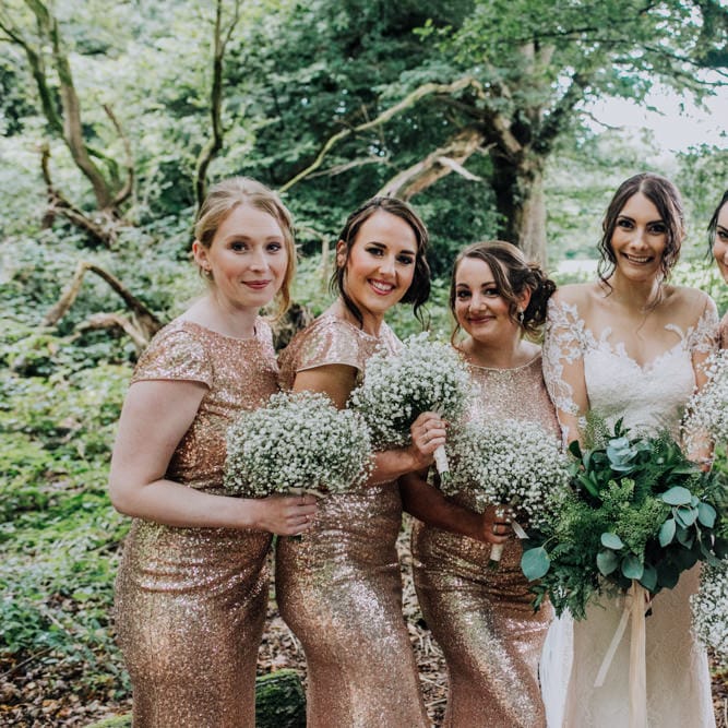 Bridesmaids in Gold Sequin Gowns | Bride in Rosa Clara Naim Bridal Gown | Stylish Woodland Wedding in Cheshire | Clara Cooper Photography | Story Board Weddings Films