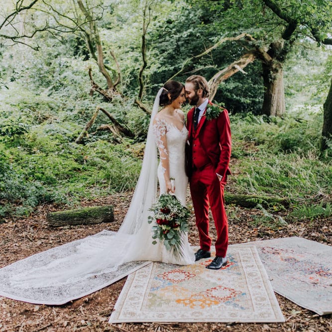 Bride in Rosa Clara Naim Bridal Gown | Groom in Bespoke Burgundy Suit | Stylish Woodland Wedding in Cheshire | Clara Cooper Photography | Story Board Weddings Films