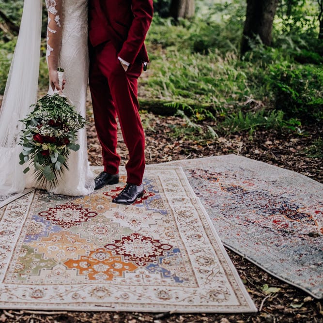 Persian Rugs | Bride in Rosa Clara Naim Bridal Gown | Groom in Bespoke Burgundy Suit | Stylish Woodland Wedding in Cheshire | Clara Cooper Photography | Story Board Weddings Films
