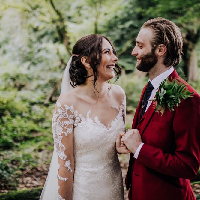 Bride in Rosa Clara Naim Bridal Gown | Groom in Bespoke Burgundy Suit | Stylish Woodland Wedding in Cheshire | Clara Cooper Photography | Story Board Weddings Films