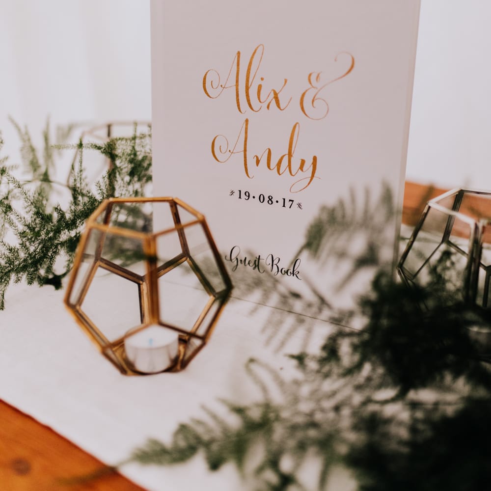 Guest Book | Greenery & Copper Wedding Decor | Stylish Woodland Wedding in Cheshire | Clara Cooper Photography | Story Board Weddings Films