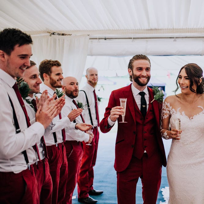 Marquee Reception | Bride in Rosa Clara Naim Bridal Gown | Groom in Bespoke Burgundy Suit | Stylish Woodland Wedding in Cheshire | Clara Cooper Photography | Story Board Weddings Films