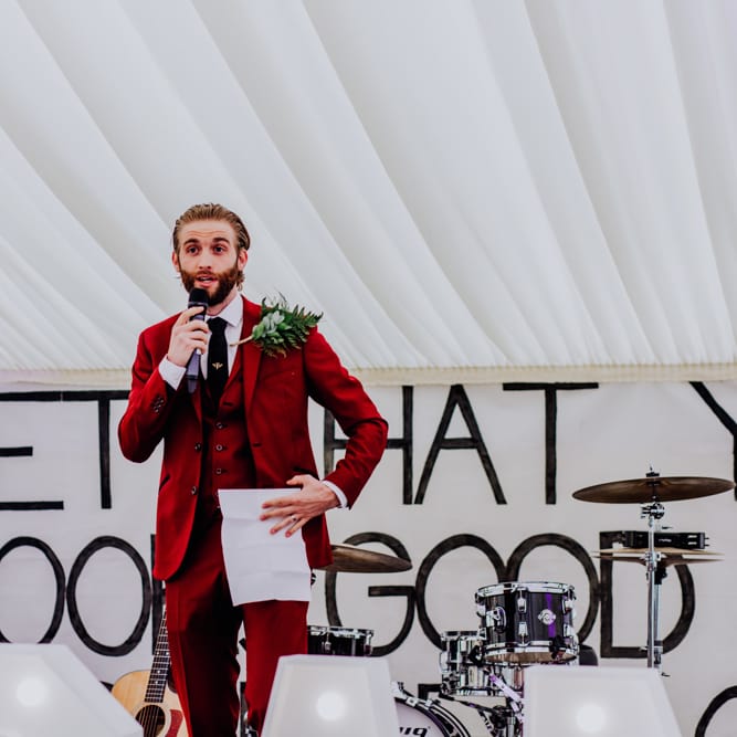 Speeches | Groom in Bespoke Burgundy Suit | Stylish Woodland Wedding in Cheshire | Clara Cooper Photography | Story Board Weddings Films