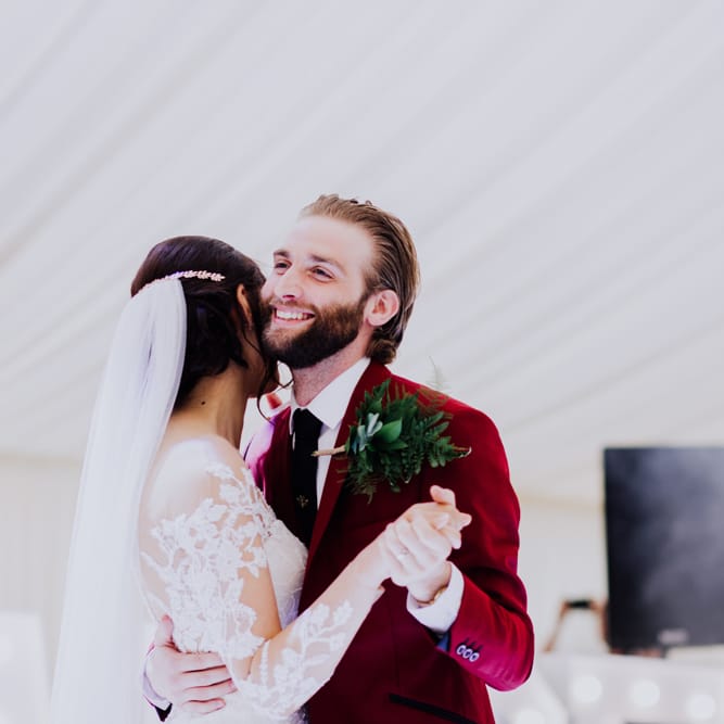 First Dance | Bride in Rosa Clara Naim Bridal Gown | Groom in Bespoke Burgundy Suit | Stylish Woodland Wedding in Cheshire | Clara Cooper Photography | Story Board Weddings Films