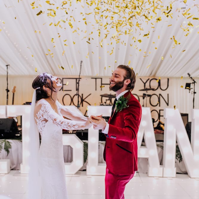 First Dance | Bride in Rosa Clara Naim Bridal Gown | Groom in Bespoke Burgundy Suit | Stylish Woodland Wedding in Cheshire | Clara Cooper Photography | Story Board Weddings Films