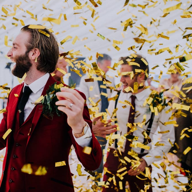Confetti Canon | Bride in Rosa Clara Naim Bridal Gown | Groom in Bespoke Burgundy Suit | Stylish Woodland Wedding in Cheshire | Clara Cooper Photography | Story Board Weddings Films