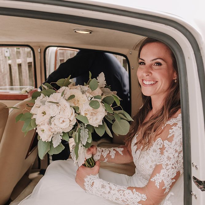 Bridal Entrance in Lace Pronovias Wedding Dress | White and Silver English Country Garden At Home Marquee Wedding | Jason Mark Harris Photography
