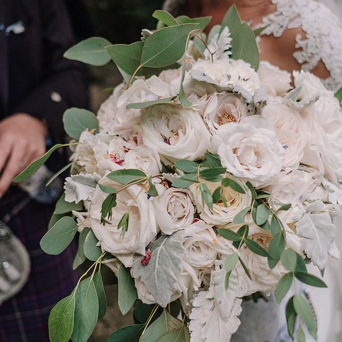 White Rose Wedding Bouquet | White and Silver English Country Garden At Home Marquee Wedding | Jason Mark Harris Photography