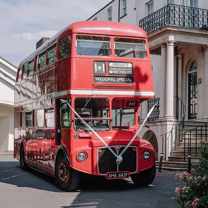 Red Routemaster Bus | White and Silver English Country Garden At Home Marquee Wedding | Jason Mark Harris Photography