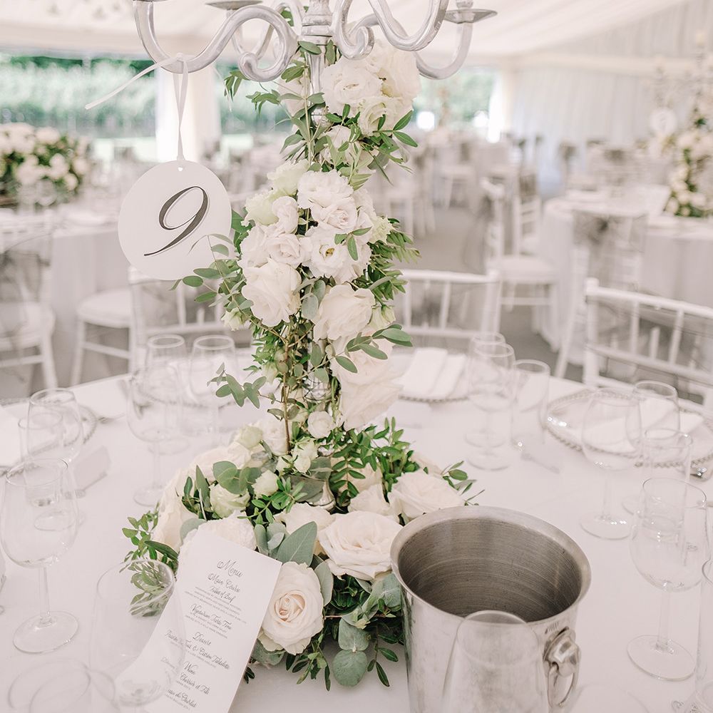 Candelabra Table Centrepiece | White and Silver English Country Garden At Home Marquee Wedding | Jason Mark Harris Photography