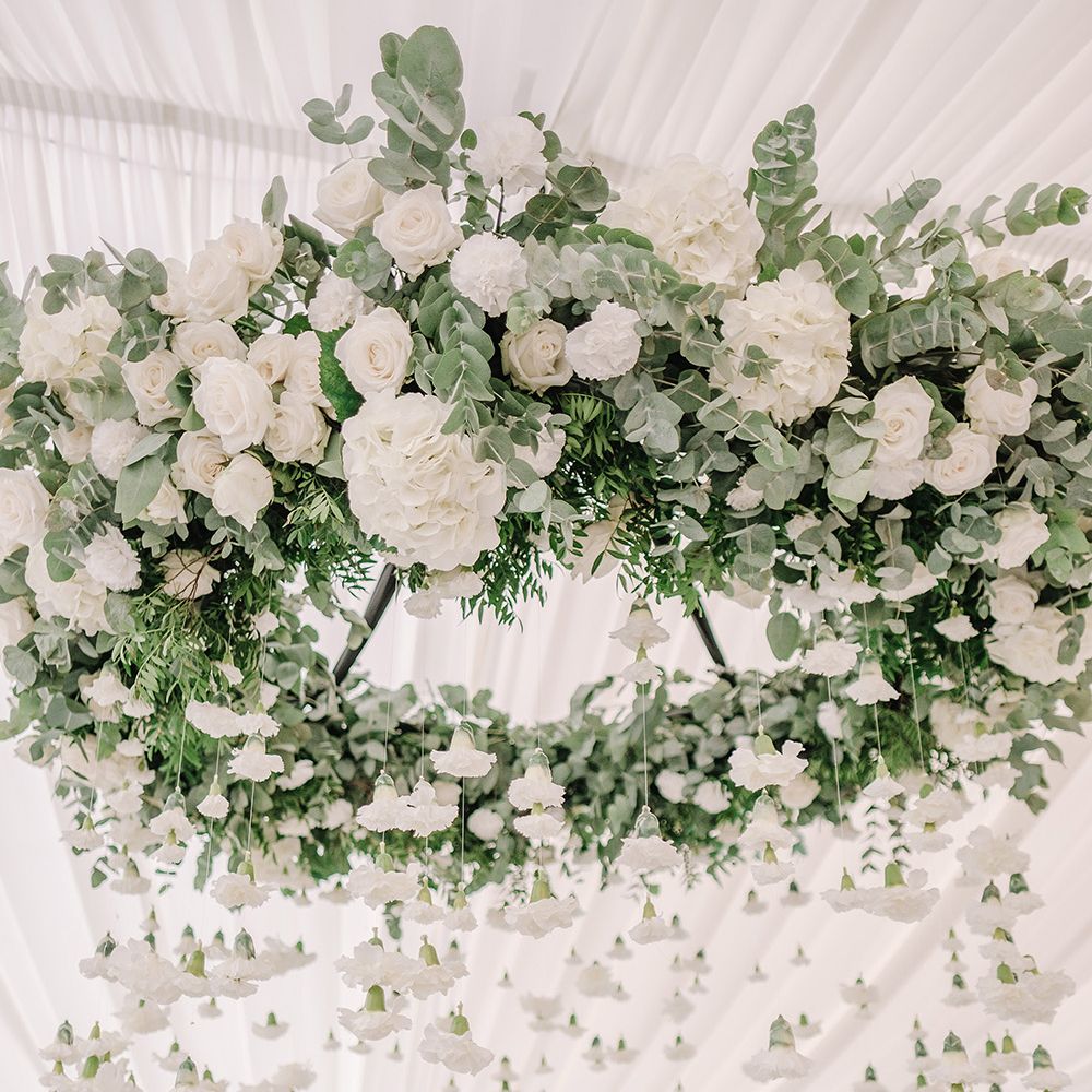Hanging Greenery & White Flower Chandelier | White and Silver English Country Garden At Home Marquee Wedding | Jason Mark Harris Photography