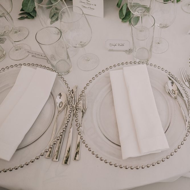 Glass & Silver Platter Place Setting | White and Silver English Country Garden At Home Marquee Wedding | Jason Mark Harris Photography