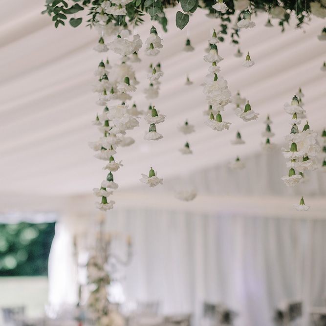 Hanging Carnation Flower Heads | White and Silver English Country Garden At Home Marquee Wedding | Jason Mark Harris Photography