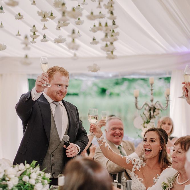 Speeches | Groom in Thom Sweeney Suit | White and Silver English Country Garden At Home Marquee Wedding | Jason Mark Harris Photography