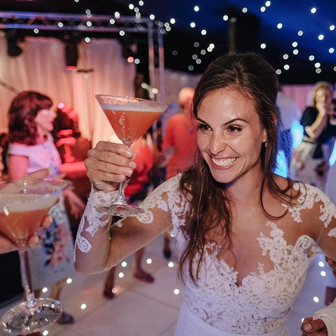 Bride in Lace Pronovias Bridal Gown | White and Silver English Country Garden At Home Marquee Wedding | Jason Mark Harris Photography