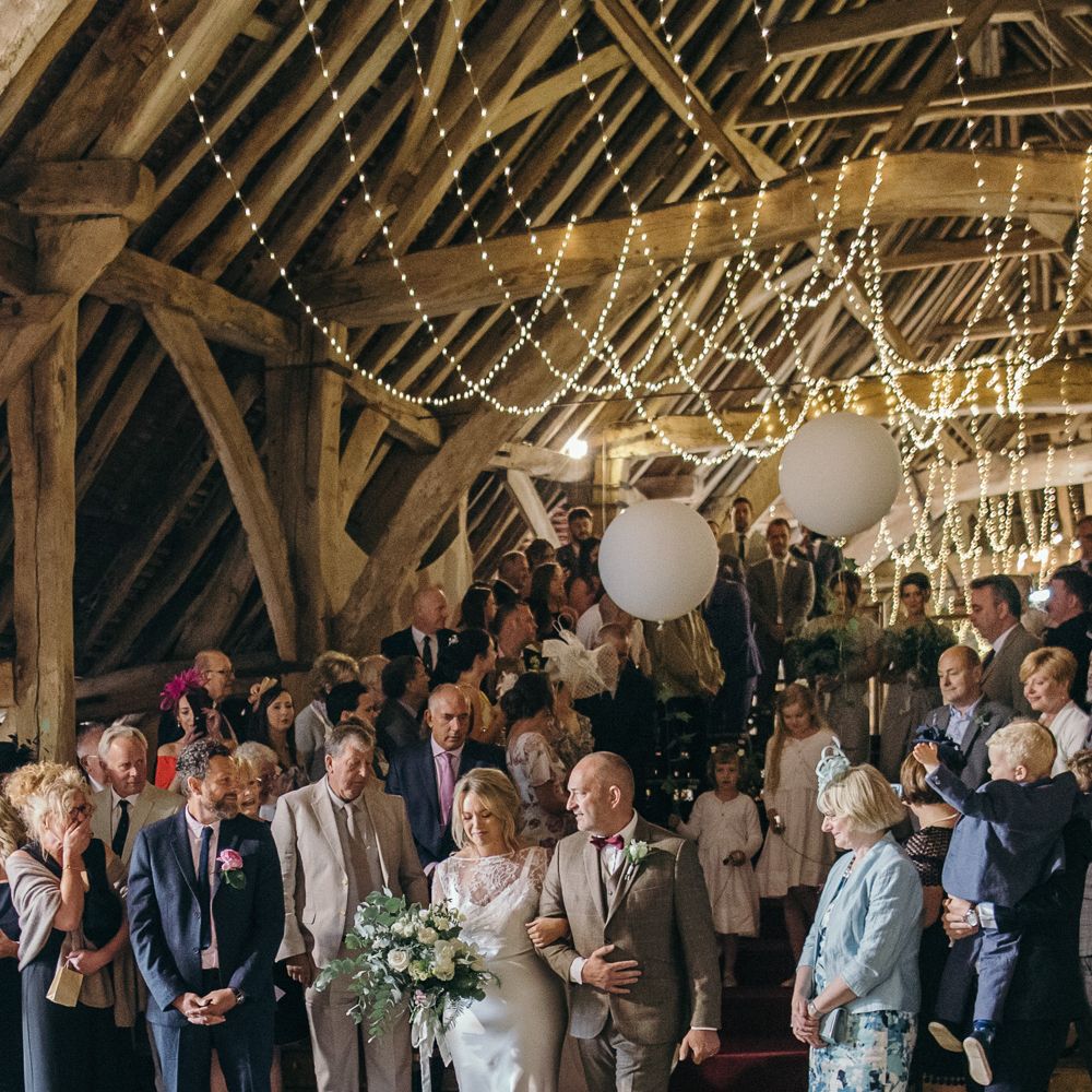 DIY Barn Wedding With Fairy Lights At The Great Barn Titchfield With Bride In Rolling In Roses Dress & Images From Joasis Photography