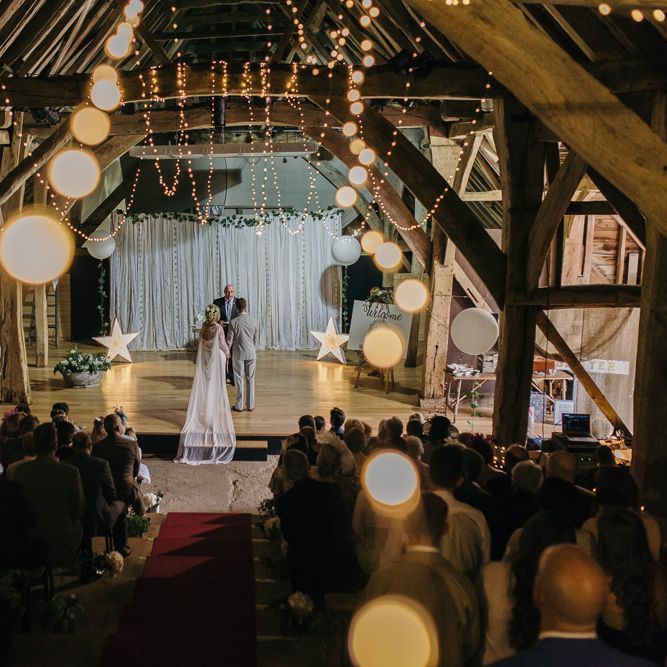 DIY Barn Wedding With Fairy Lights At The Great Barn Titchfield With Bride In Rolling In Roses Dress & Images From Joasis Photography