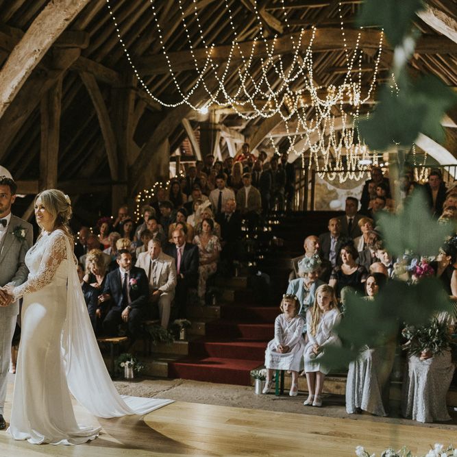 DIY Barn Wedding With Fairy Lights At The Great Barn Titchfield With Bride In Rolling In Roses Dress & Images From Joasis Photography