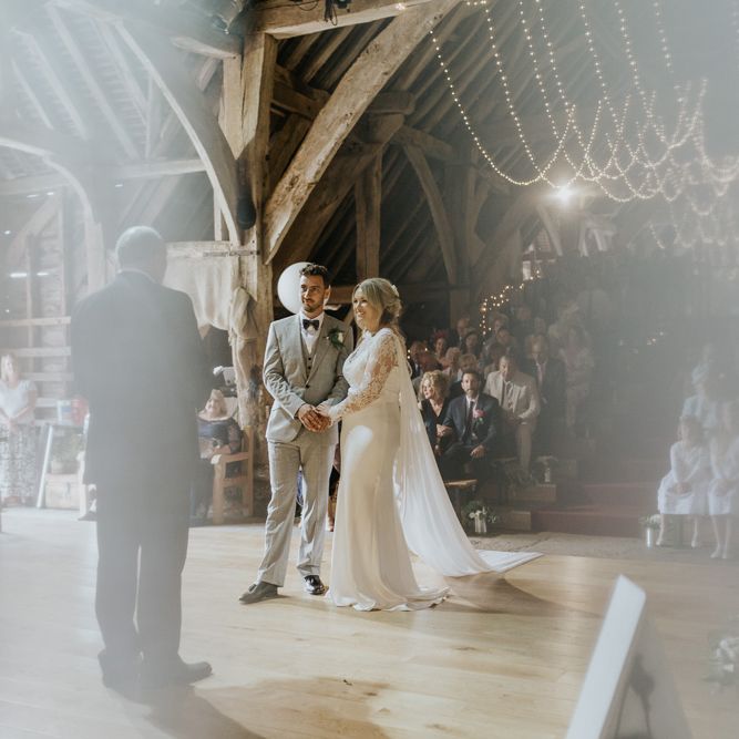 DIY Barn Wedding With Fairy Lights At The Great Barn Titchfield With Bride In Rolling In Roses Dress & Images From Joasis Photography