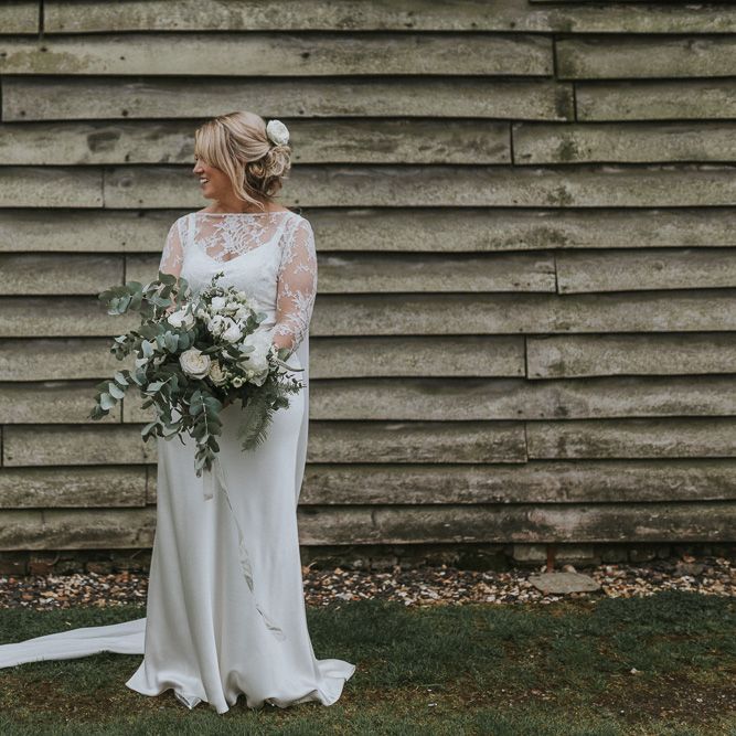 DIY Barn Wedding With Fairy Lights At The Great Barn Titchfield With Bride In Rolling In Roses Dress & Images From Joasis Photography