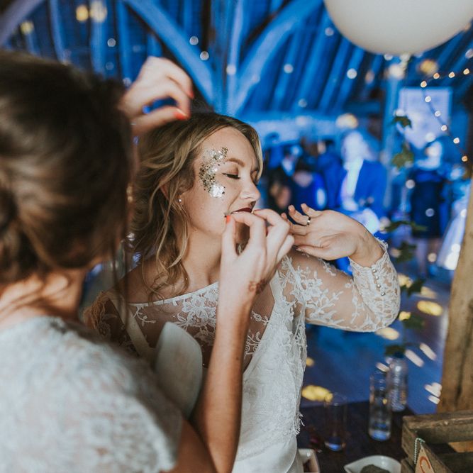 DIY Barn Wedding With Fairy Lights At The Great Barn Titchfield With Bride In Rolling In Roses Dress & Images From Joasis Photography