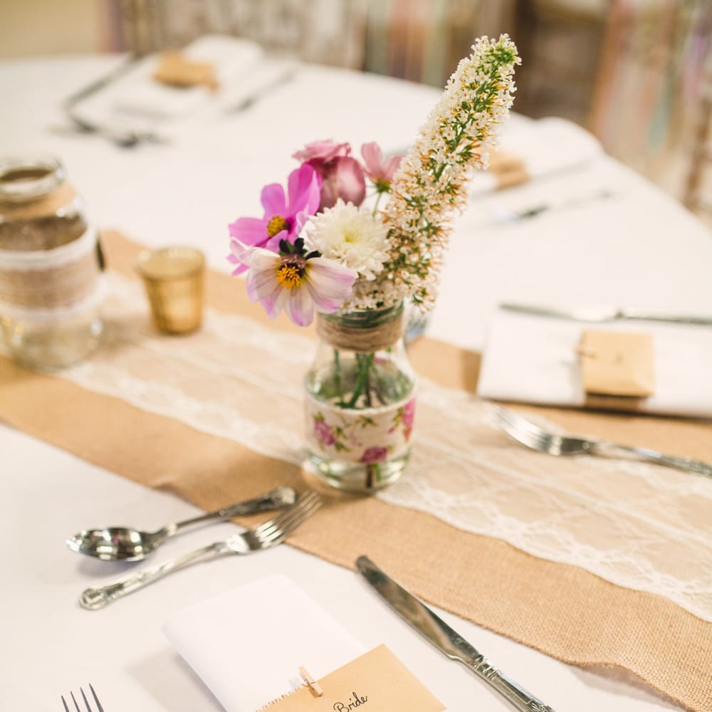 Hessian and Lace Table Runner & Jars with Flower Stems