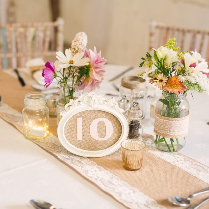 Hessian Table Runner & Jars with Flowers Centrepiece