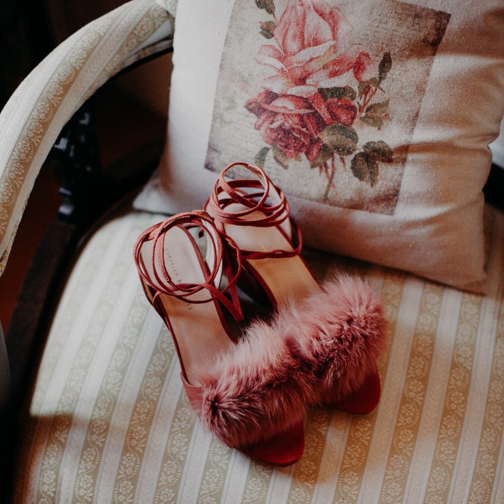 Pink Fluffy Loffler Randall Shoes | Stylish Outdoor Wedding at The Oaks Estate, Greyton, South Africa | Fiona Clair Photography | Ebert Steyn Films