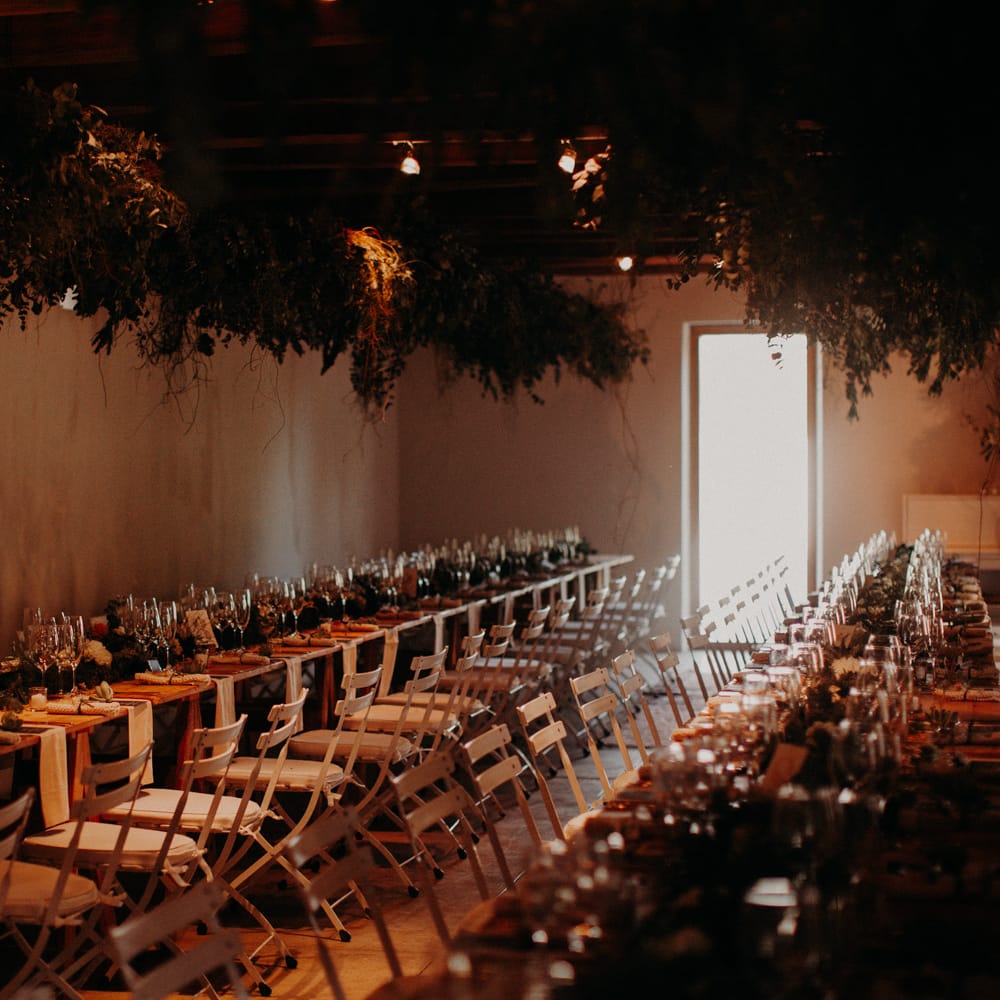 Ambient Reception with Greenery Installation | Stylish Outdoor Wedding at The Oaks Estate, Greyton, South Africa | Fiona Clair Photography | Ebert Steyn Films