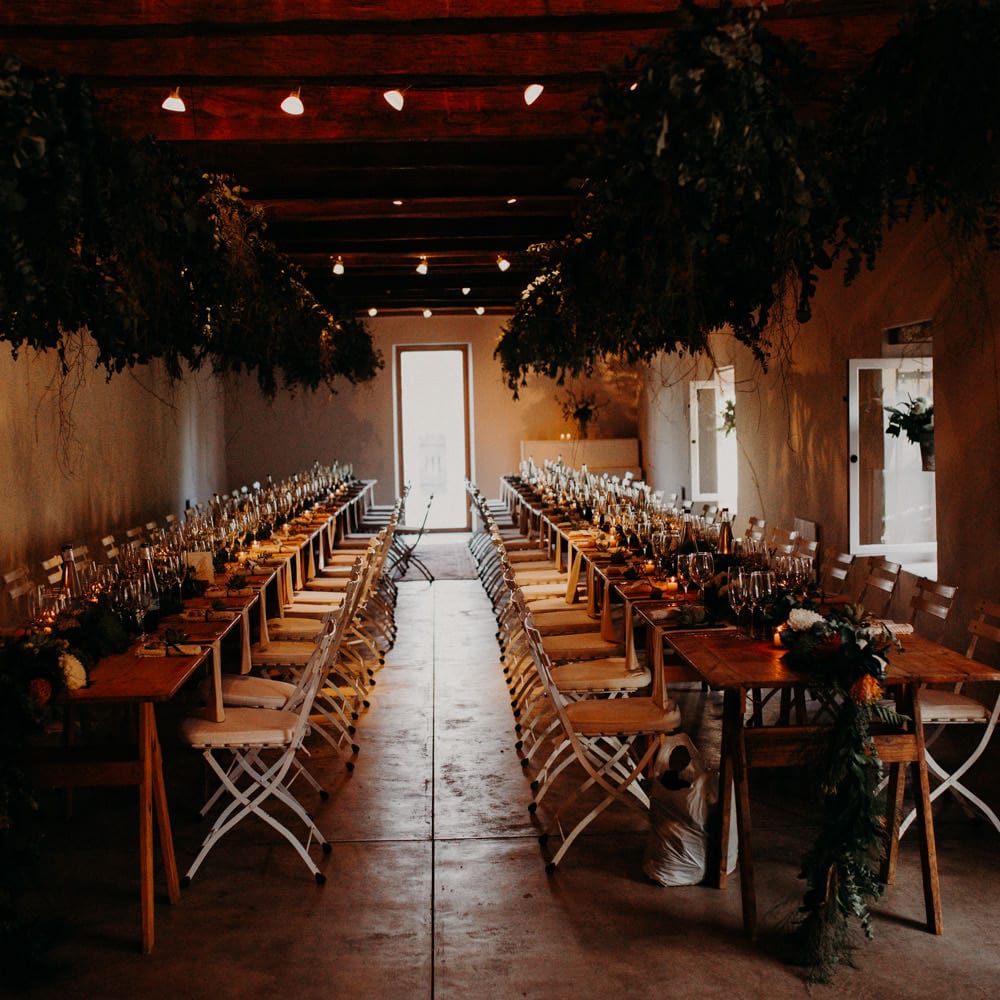 Ambient Reception with Greenery Installation | Stylish Outdoor Wedding at The Oaks Estate, Greyton, South Africa | Fiona Clair Photography | Ebert Steyn Films