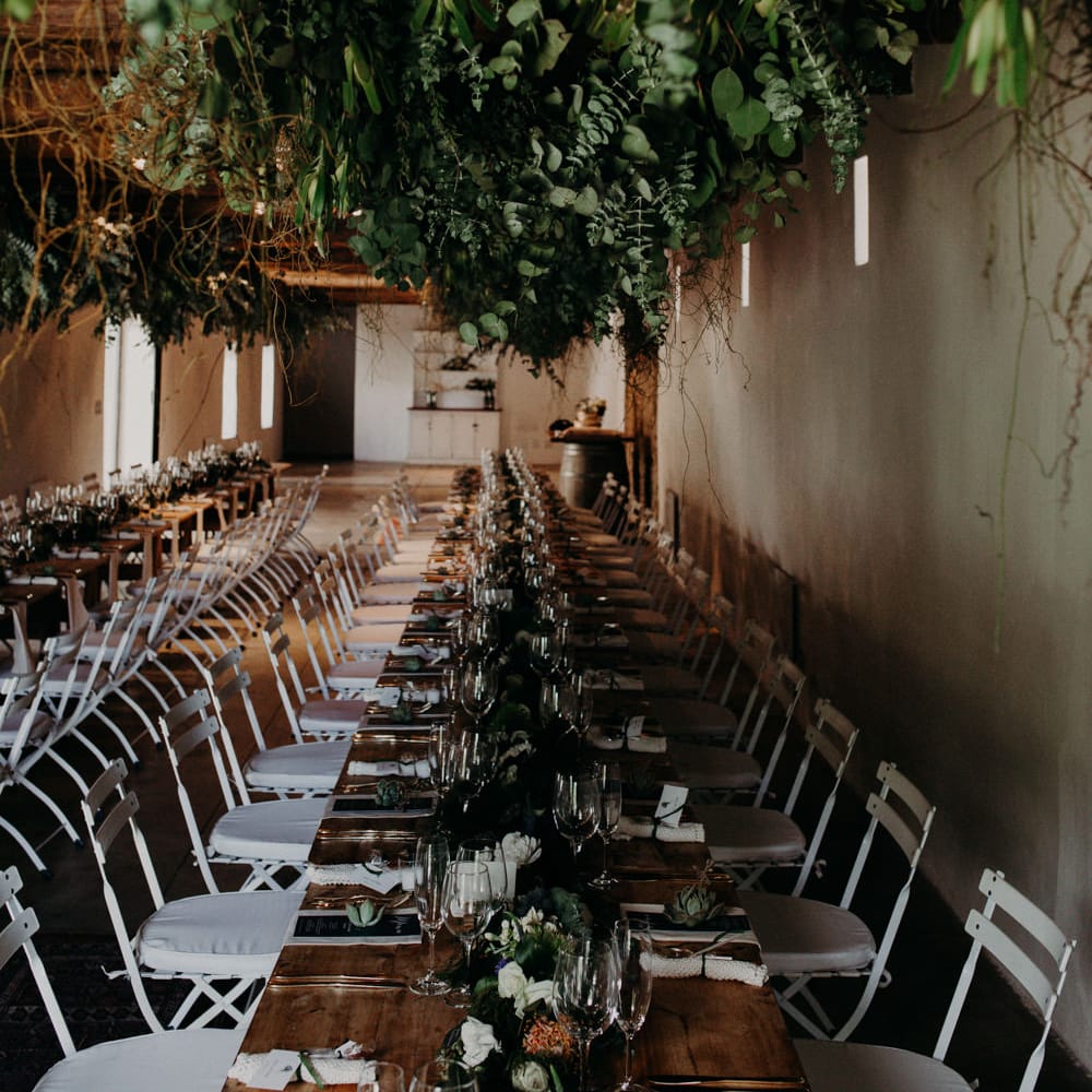 Greenery Hanging Installation | Stylish Outdoor Wedding at The Oaks Estate, Greyton, South Africa | Fiona Clair Photography | Ebert Steyn Films