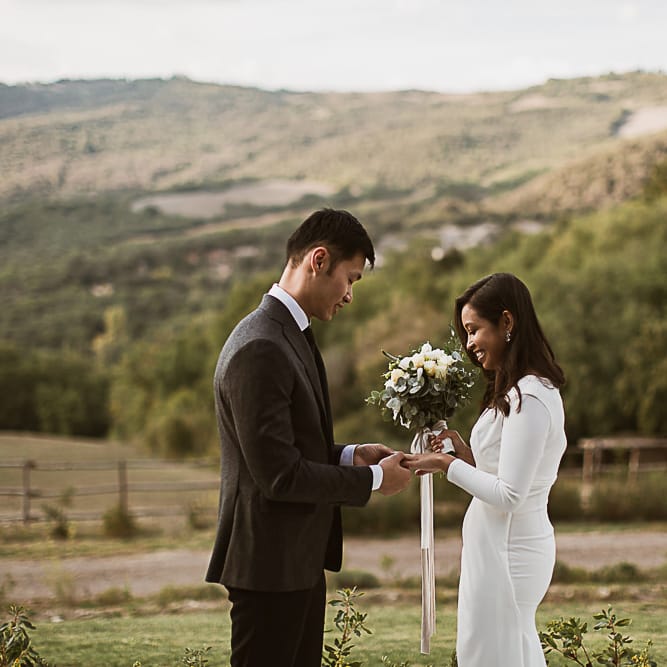 Intimate Tuscan Wedding at WP Relais, Castiglione D'orcia, Siena | Outdoor Reception with Fairy Light Decor | Bride in Gown from Cargie Threads | The Springles Photography