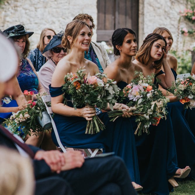 Bridesmaids in Navy Jarlo Dresses & Organic Bouquets