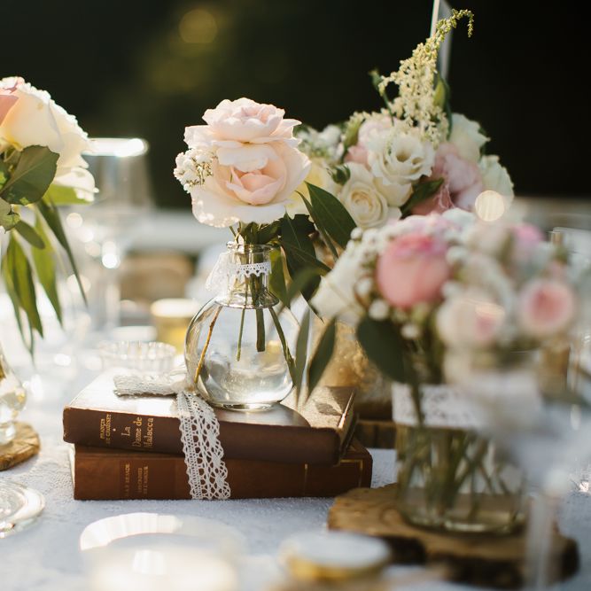 Antique Books Tied with Lace Ribbon & Flower Stems in Vases Table Centrepiece