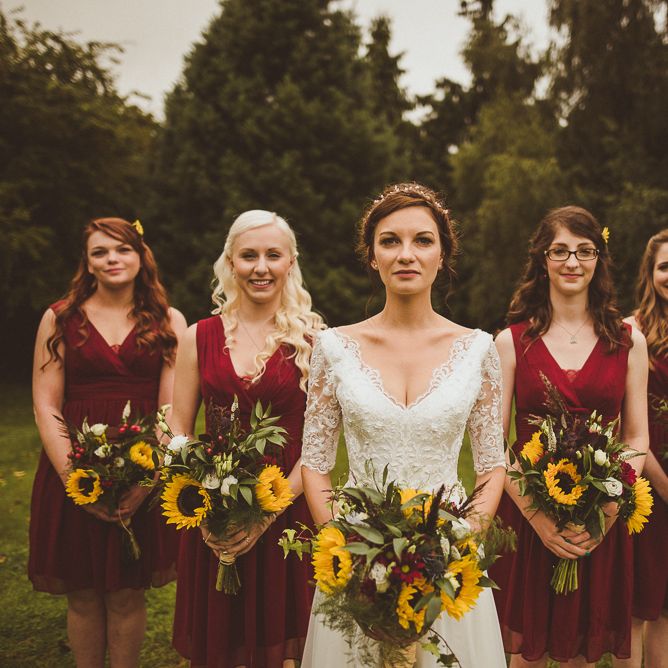 Red Bridesmaids Dresses Sunflower Bouquets