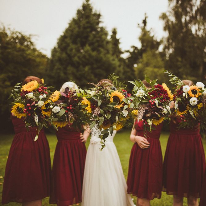 Red Bridesmaids Dresses Sunflower Bouquets