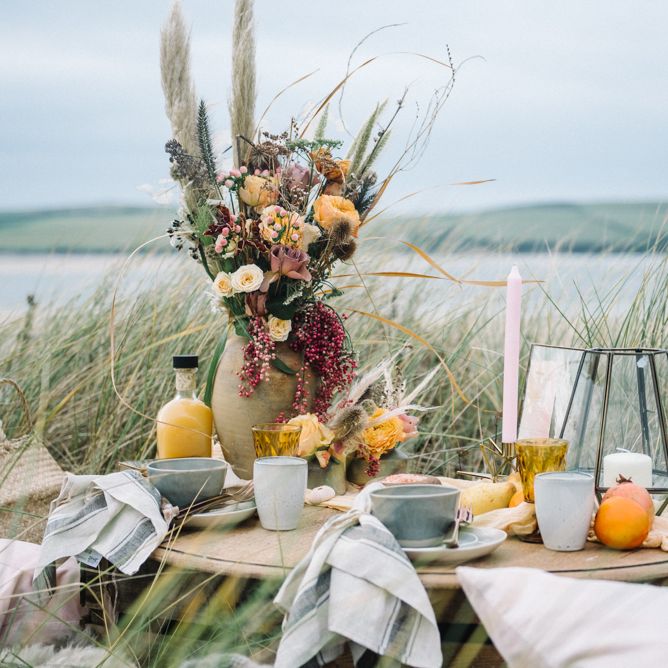 Autumnal Wedding Inspiration At The Coast With Pampas Grass Moon Gate & Drip Icing Cake With Images From Olivia Bossert Photography & Styling By The Artful Event Co