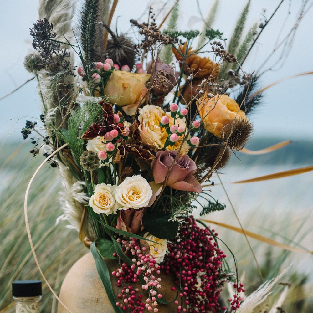 Autumnal Wedding Inspiration At The Coast With Pampas Grass Moon Gate & Drip Icing Cake With Images From Olivia Bossert Photography & Styling By The Artful Event Co