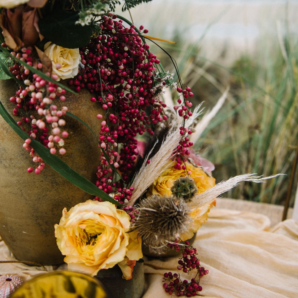 Autumnal Wedding Inspiration At The Coast With Pampas Grass Moon Gate & Drip Icing Cake With Images From Olivia Bossert Photography & Styling By The Artful Event Co