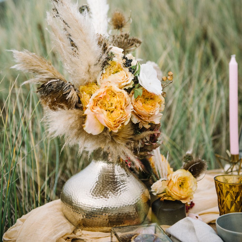 Autumnal Wedding Inspiration At The Coast With Pampas Grass Moon Gate & Drip Icing Cake With Images From Olivia Bossert Photography & Styling By The Artful Event Co