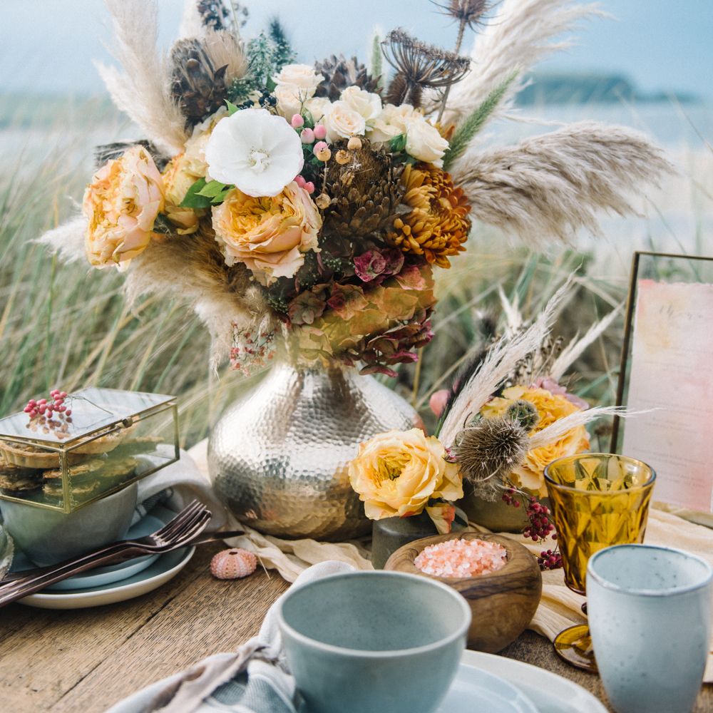 Autumnal Wedding Inspiration At The Coast With Pampas Grass Moon Gate & Drip Icing Cake With Images From Olivia Bossert Photography & Styling By The Artful Event Co