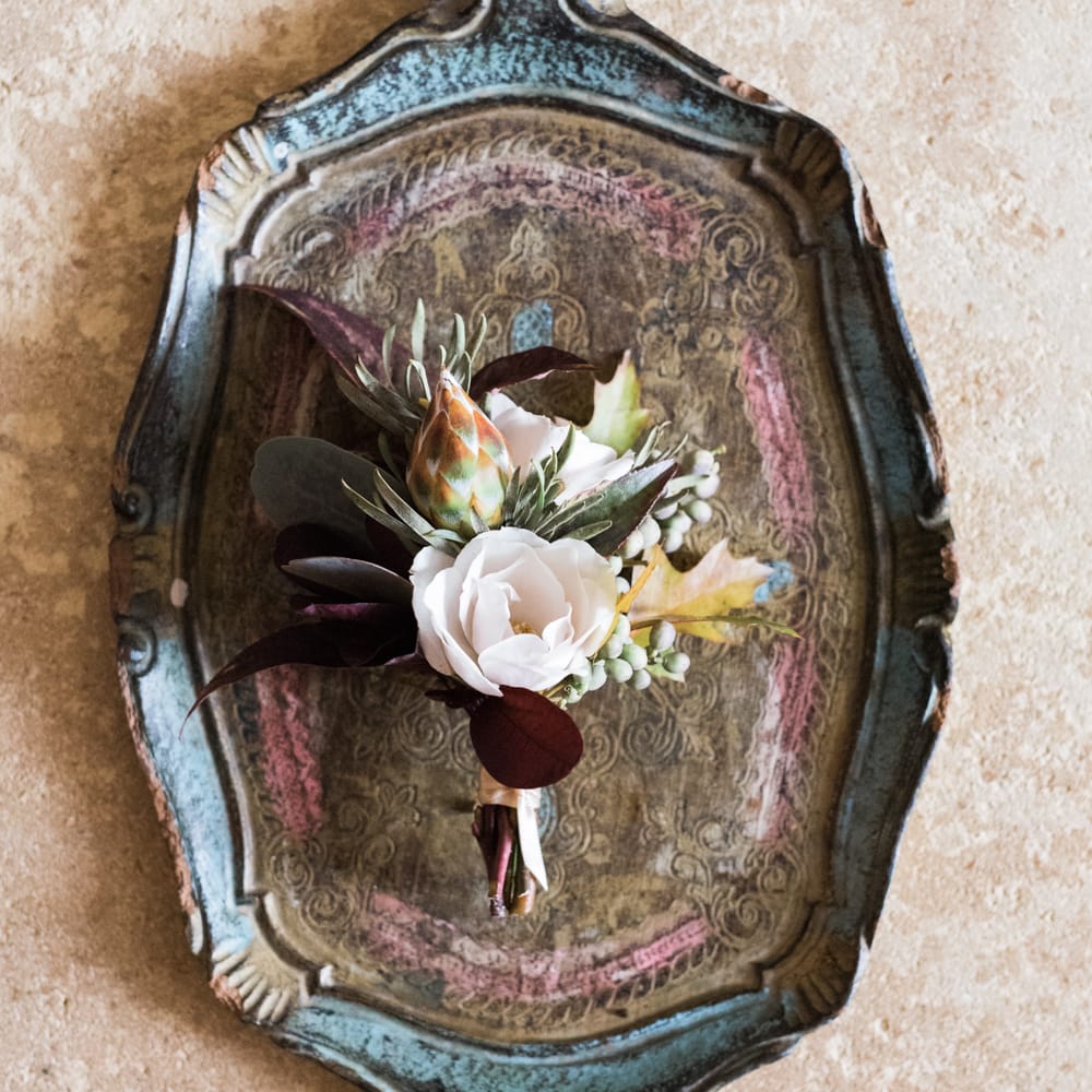 Buttonhole | Autumnal Decadence Wedding Inspiration at Twyning Park Styled by For The Love of Weddings | Red, Gold & Blush Colour Scheme | Captured by Katrina Photography