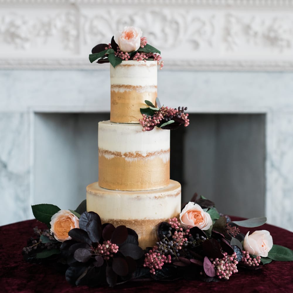 Vanilla Pod Bakery Wedding Cake | Autumnal Decadence Wedding Inspiration at Twyning Park Styled by For The Love of Weddings | Red, Gold & Blush Colour Scheme | Captured by Katrina Photography