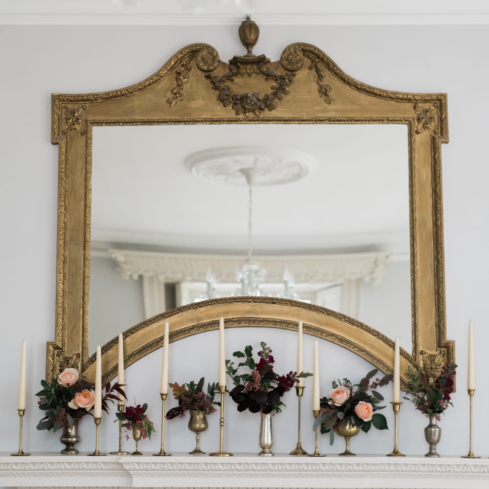 Mantle Piece Wedding Decor | Autumnal Decadence Wedding Inspiration at Twyning Park Styled by For The Love of Weddings | Red, Gold & Blush Colour Scheme | Captured by Katrina Photography